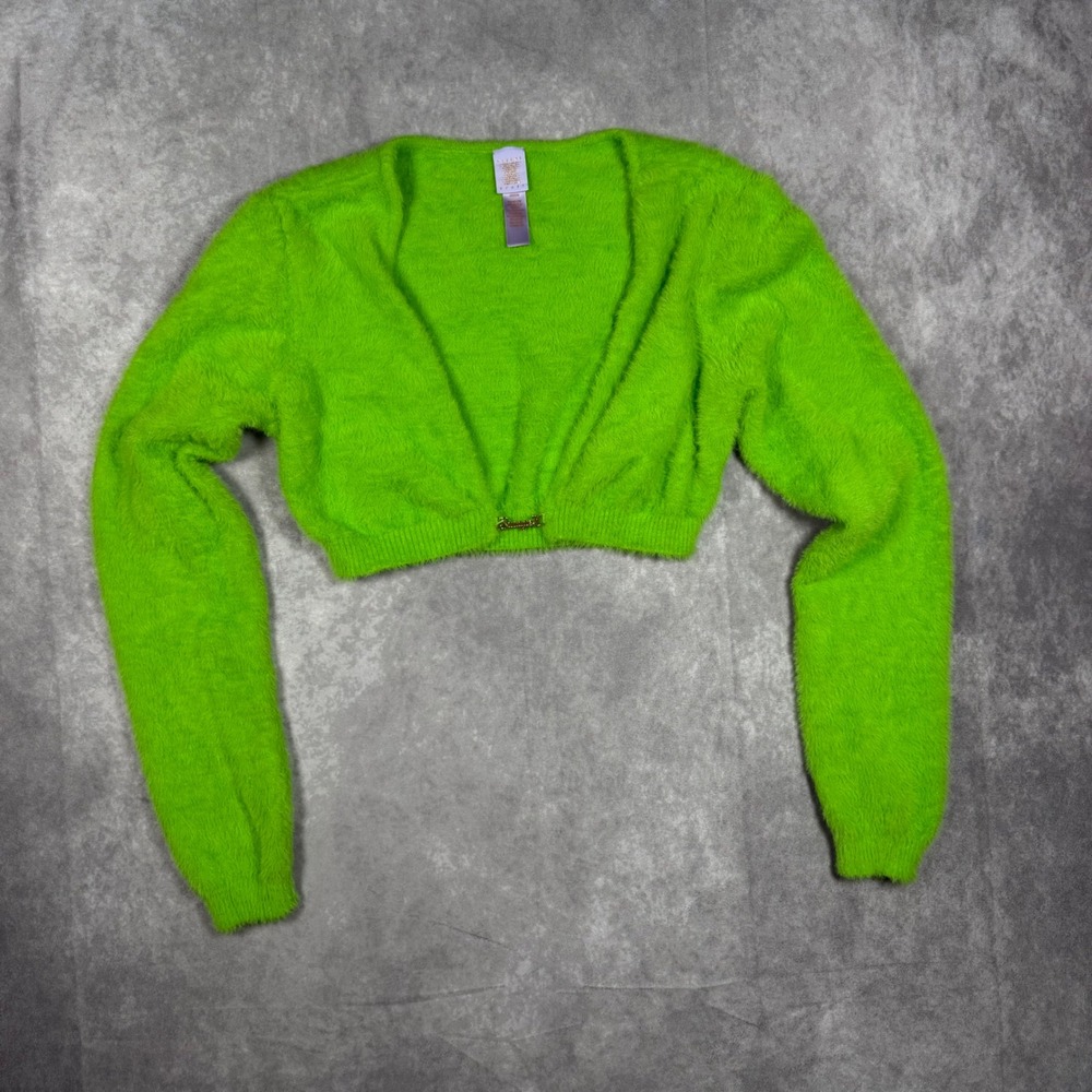 Savage X Fenty Womens Neon Green Fuzzy Cropped Cardigan Sweater Size Medium Y2K